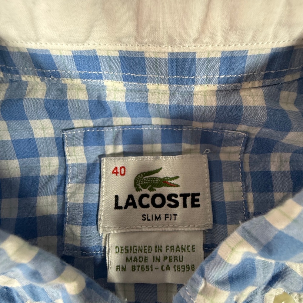 Lacoste Button Shirt Mens 40 Blue Gingham PLaid Slim Fit Short Sleeve Cotton - Picture 2 of 8